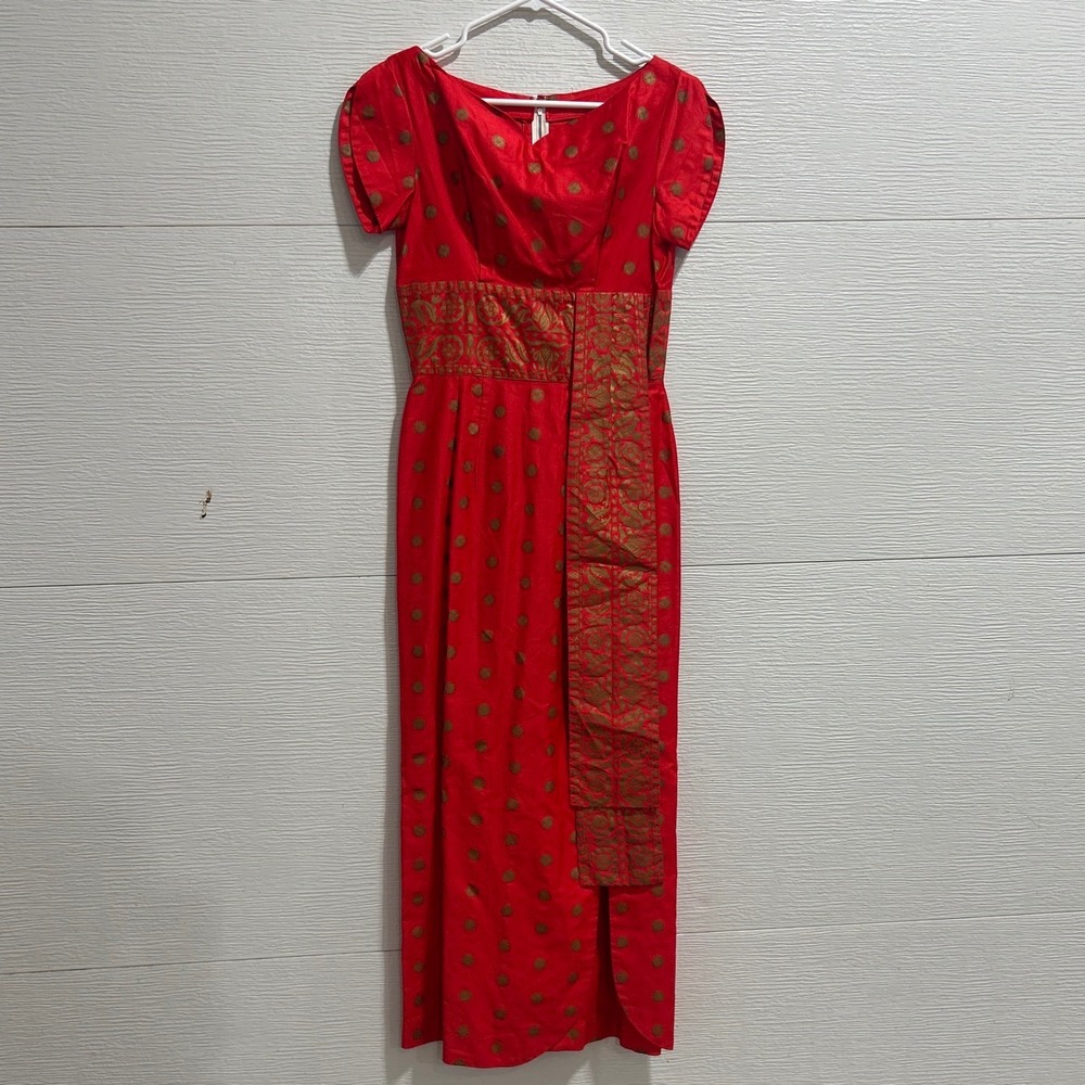 Vintage Richard Douglas Honolulu Red Gold Block Print Maxi Dress Hawaii Size 12